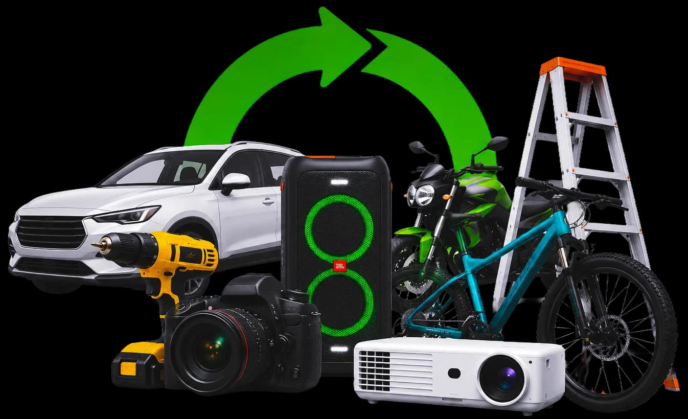 Itens disponíveis para alugar no ShareO: carro, moto, furadeira, câmera, caixa de som, projetor, bicicleta e escada.